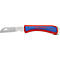 Un couteau avec un manche bleu et rouge et une lame argentée. La lame porte l'inscription "Knipex" et d'autres mots.