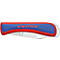 Gros plan sur un couteau Knipex rouge et bleu, avec une lame argentée. Le logo est clairement visible.