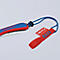 Couteau de poche avec manche rouge et bleu et boucle rouge avec inscription KNIPEX. Corde bleue reliant le couteau et la boucle.