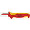 Outil d'électricien rouge et jaune. Lame argentée, manche marqué de 'KNIPEX', '98 54', 'Made in Germany'.