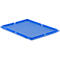 Couvercle rectangulaire en plastique bleu avec un bord surélevé sur fond blanc.