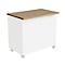 A white piece of furniture with castors, topped with a light brown wooden panel.