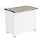 Gray table top on white cabinet with wheels. The cabinet has two doors.