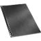 A black spiral bound notebook at an angle. The spiral on the left, the cover with a slightly textured surface.