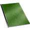 A green notebook with spiral binding, slightly tilted in front of a white background.