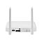 Ein weißer Router, mit zwei aufrechten Antennen, Ports und einem minimalistischen Design.