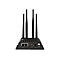Schwarzer Router mit vier Antennen, auf weißem Hintergrund.