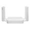 Weißer WLAN-Router mit vier Antennen, vor weißem Hintergrund.