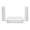 Weißer WLAN-Router mit vier Antennen, vor weißem Hintergrund.