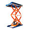 Orange scissor lift table with blue borders. The scissor arms lift a blue platform, while the base is blue.