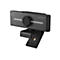 Schwarze 4K Webcam mit Halterung und aufgesetzter Objektivabdeckung vor weißem Hintergrund.