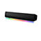 Schwarze Creative Soundbar mit einer regenbogenfarbenen LED-Beleuchtung an der Unterseite vor weißem Hintergrund.