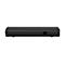 Schwarze, längliche Soundbar-Rückseite mit Anschlüssen vor weißem Hintergrund.