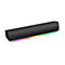 Schwarze Creative Soundbar mit fein gelochter Front und schmaler, regenbogenfarbener LED-Beleuchtung an der Unterseite.