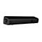 Schwarze Soundbar von der Seite, mit Lautstärkeregler und USB-Anschluss vor weißem Hintergrund.