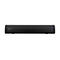 Schwarze Creative Soundbar vor weißem Hintergrund mit leuchtend blauer Status-LED.