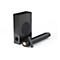Schwarze Soundbar und Subwoofer mit Fernbedienung vor weißem Hintergrund.