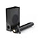 Schwarze Soundbar und vertikaler Subwoofer mit Fernbedienung vor weißem Hintergrund.