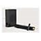 Schwarze Soundbar mit Subwoofer und Fernbedienung vor hellem Hintergrund mit Bemaßungsangaben.