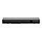 Schwarze Soundbar, Rückseite. Anschlüsse AUX, Opt In, USB, und DC-In.