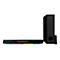 Schwarze Soundbar mit farbiger Beleuchtung, Subwoofer und Fernbedienung auf weißem Hintergrund.