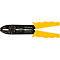 Wire stripper with yellow handles and black head with markings.