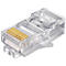Nahaufnahme eines transparenten RJ45-Steckers mit goldenen Kontakten.