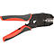 Crimpzange mit roten und schwarzen Griffen. Der Kopf der Zange ist silberfarben.