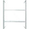 A silver, empty metal shelf with three shelves, diagonal braces and a hole pattern in the sides.