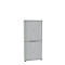 Grey, ribbed cabinet, two-part, with handles and closed roller shutter, against a white background.