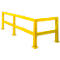 Yellow painted railing with rectangular posts and horizontal bars. It stands on a white surface.