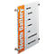 Transparent office sign with white text and orange accent strip. Listed are multiple rooms, like reception.