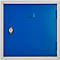 Blue door with silver lock and gray frame.