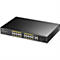 Schwarzer Cudy 16-Port PoE+ Switch vor weißem Hintergrund mit Ethernet- und SFP-Anschlüssen.