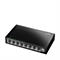 Schwarzer Cudy 8-Port Desktop-Netzwerk-Switch mit leuchtenden grünen LEDs auf weißem Hintergrund.