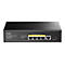 Schwarzer Cudy 5-Port Gigabit PoE+ Switch mit SFP-Anschluss auf neutralem Hintergrund.
