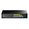 Schwarzer Cudy 8-Port Gigabit PoE+ Switch mit 2 Uplink-Ports und DIP-Schaltern auf weißem Hintergrund.
