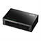 Schwarzer Cudy 5-Port Gigabit Desktop Switch mit leuchtenden grünen LEDs auf weißem Hintergrund.