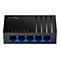 Schwarzer Netzwerkswitch von Cudy mit fünf Anschlüssen. Oben leuchten grüne LEDs, vorne blaue Ports.