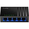 Schwarzer Cudy 5-Port Ethernet-Switch mit fünf blauen Anschlüssen und leuchtenden grünen Status-LEDs.