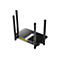 Schwarzer WLAN-Router mit vier externen Antennen und gelben LAN-Anschlüssen vor weißem Hintergrund.