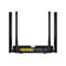 Rückseite eines schwarzen WLAN-Routers mit vier Antennen, LAN-Anschlüssen, SIM-Kartenslot und Stromanschluss.