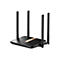 Schwarzer WLAN-Router mit vier Antennen und einem goldenen Zierstreifen auf der Oberseite.