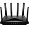 Schwarzer Cudy WLAN-Router mit fünf Antennen vor weißem Hintergrund. Vier blaue LED-Statusleuchten leuchten vorne.