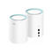Zwei weiße, zylindrische Cudy WLAN-Mesh-Router vor weißem Hintergrund.