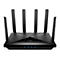 Schwarzer Cudy WLAN-Router mit sechs Antennen und leuchtenden blauen Status-LEDs auf weißem Hintergrund.