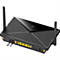 Schwarzer Cudy WLAN-Router mit zwei Antennen, Anschlüssen für LAN, WAN und zwei Nano-SIM-Karten auf der Rückseite.