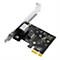 Schwarze PCIe-Netzwerkkarte mit Ethernet-Port und silberner Slotblende vor weißem Hintergrund.