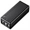 Schwarzer PoE-Injektor in rechteckiger Form mit zwei RJ45-Anschlüssen und beschrifteten Data-In/Out-Ports.