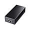 Schwarzer 802.3bt PoE++ Injektor mit zwei LAN-Anschlüssen und Status-LEDs auf weißem Grund.